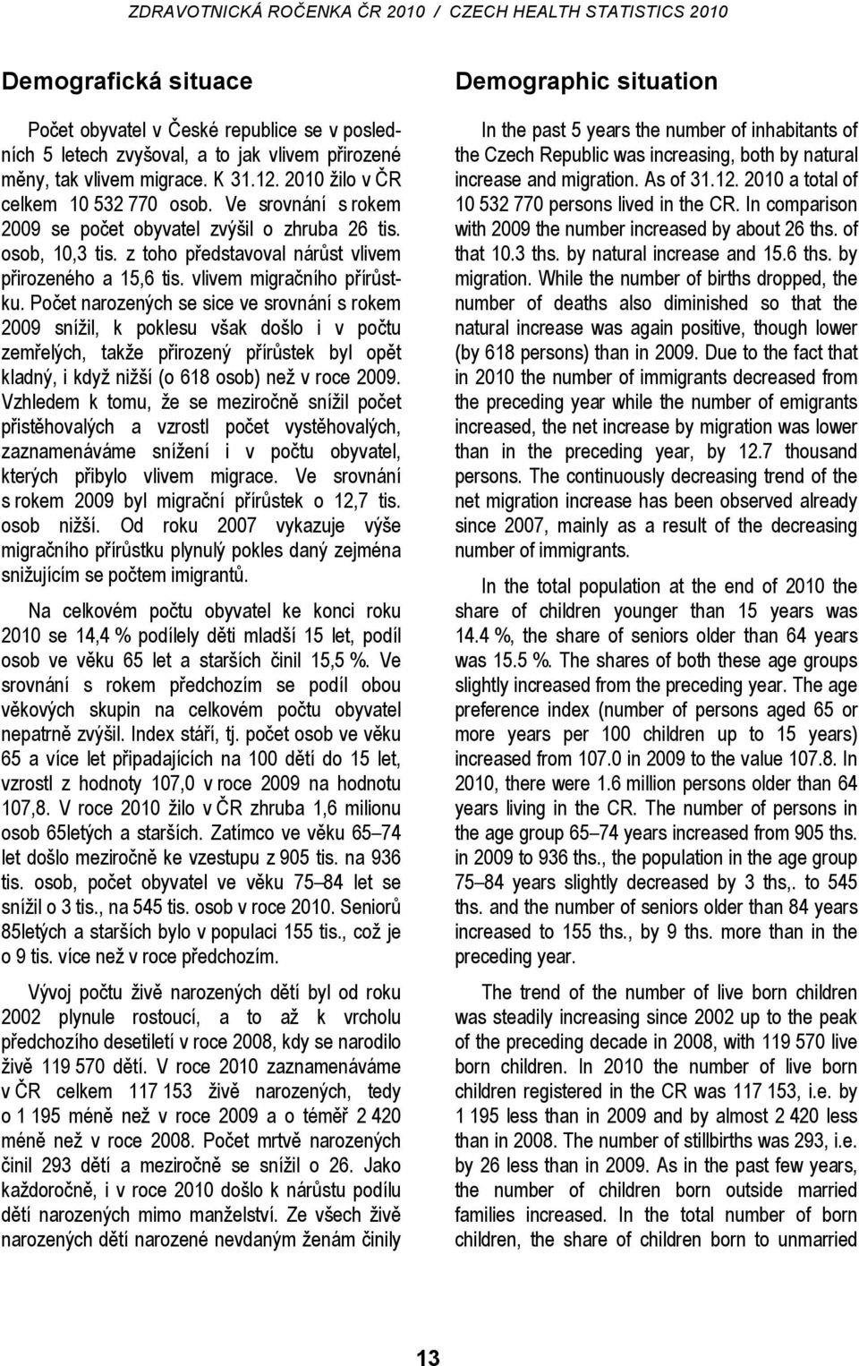 Počet narozených se sice ve srovnání s rokem 2009 snížil, k poklesu však došlo i v počtu zemřelých, takže přirozený přírůstek byl opět kladný, i když nižší (o 618 osob) než v roce 2009.