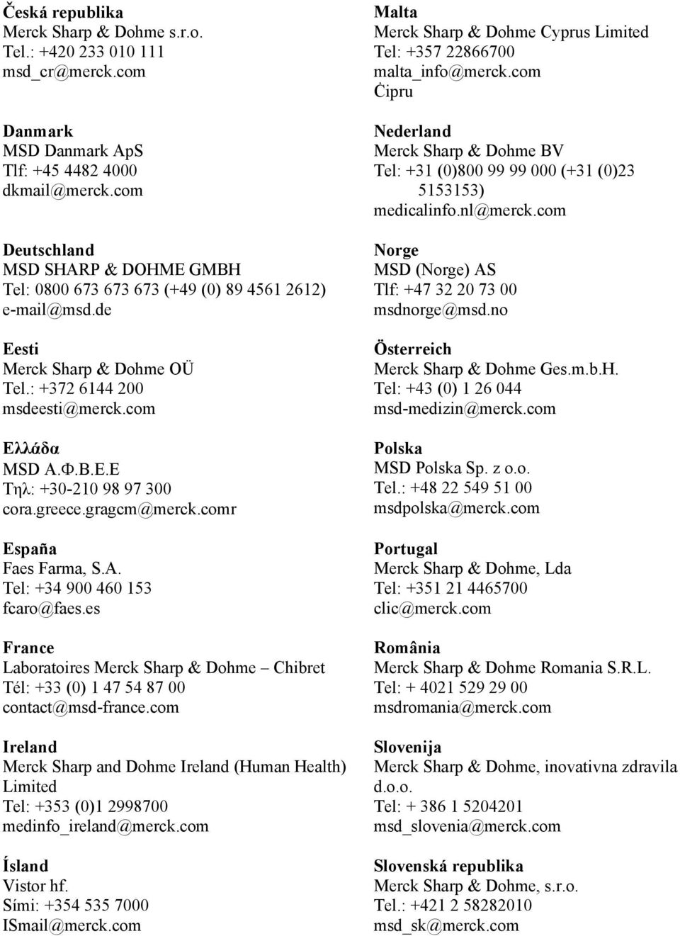 greece.gragcm@merck.comr España Faes Farma, S.A. Tel: +34 900 460 153 fcaro@faes.es France Laboratoires Merck Sharp & Dohme Chibret Tél: +33 (0) 1 47 54 87 00 contact@msd-france.