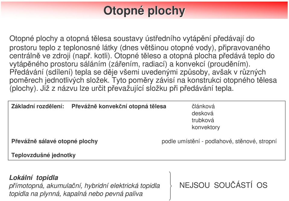 Pedávání (sdílení) tepla se dje všemi uvedenými zpsoby, avšak v rzných pomrech jednotlivých složek. Tyto pomry závisí na konstrukci otopného tlesa (plochy).