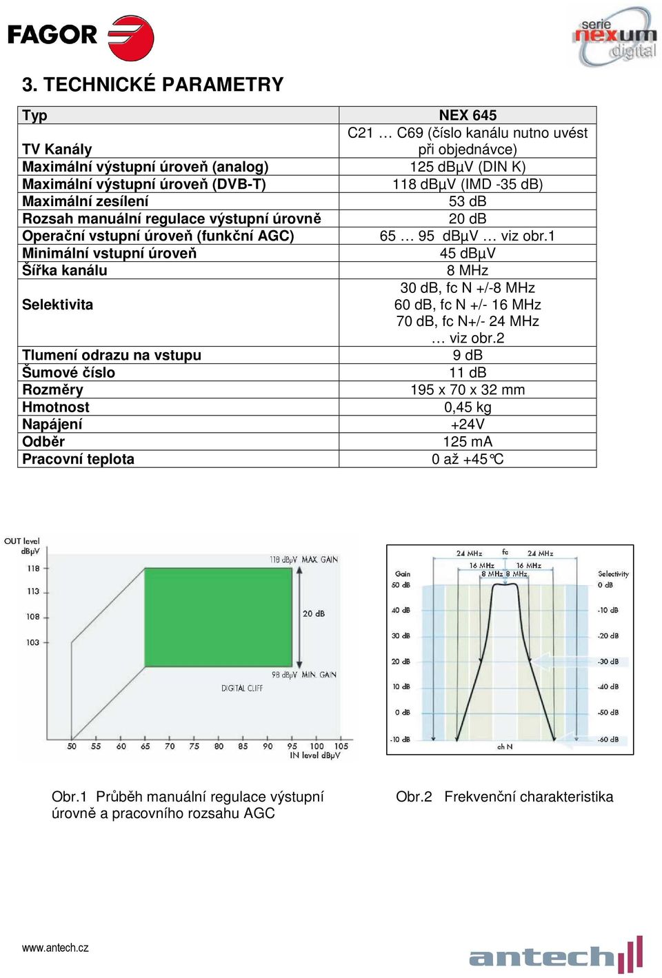 1 Minimální vstupní úroveň 45 dbµv Šířka kanálu 8 MHz 30 db, fc N +/-8 MHz Selektivita 60 db, fc N +/- 16 MHz 70 db, fc N+/- 24 MHz viz obr.