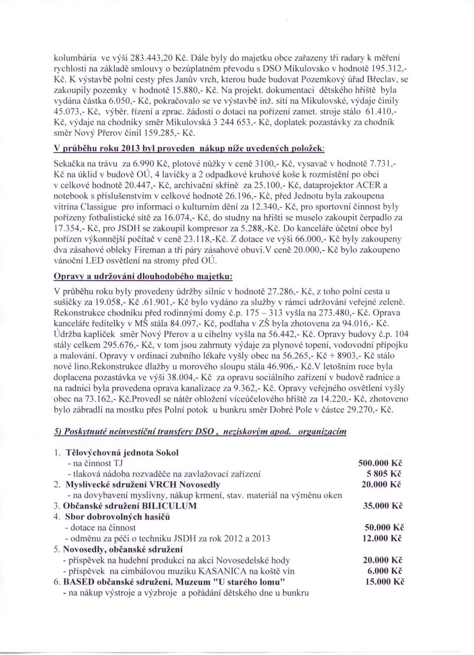 050,- Kč pokračovalo se ve výstavbě inž. sítí na Mikulovské výdaje činily 45.073,- Kč, výběr. řízení a zprac. žádosti o dotaci na pořízení zamet. stroje stálo 61.