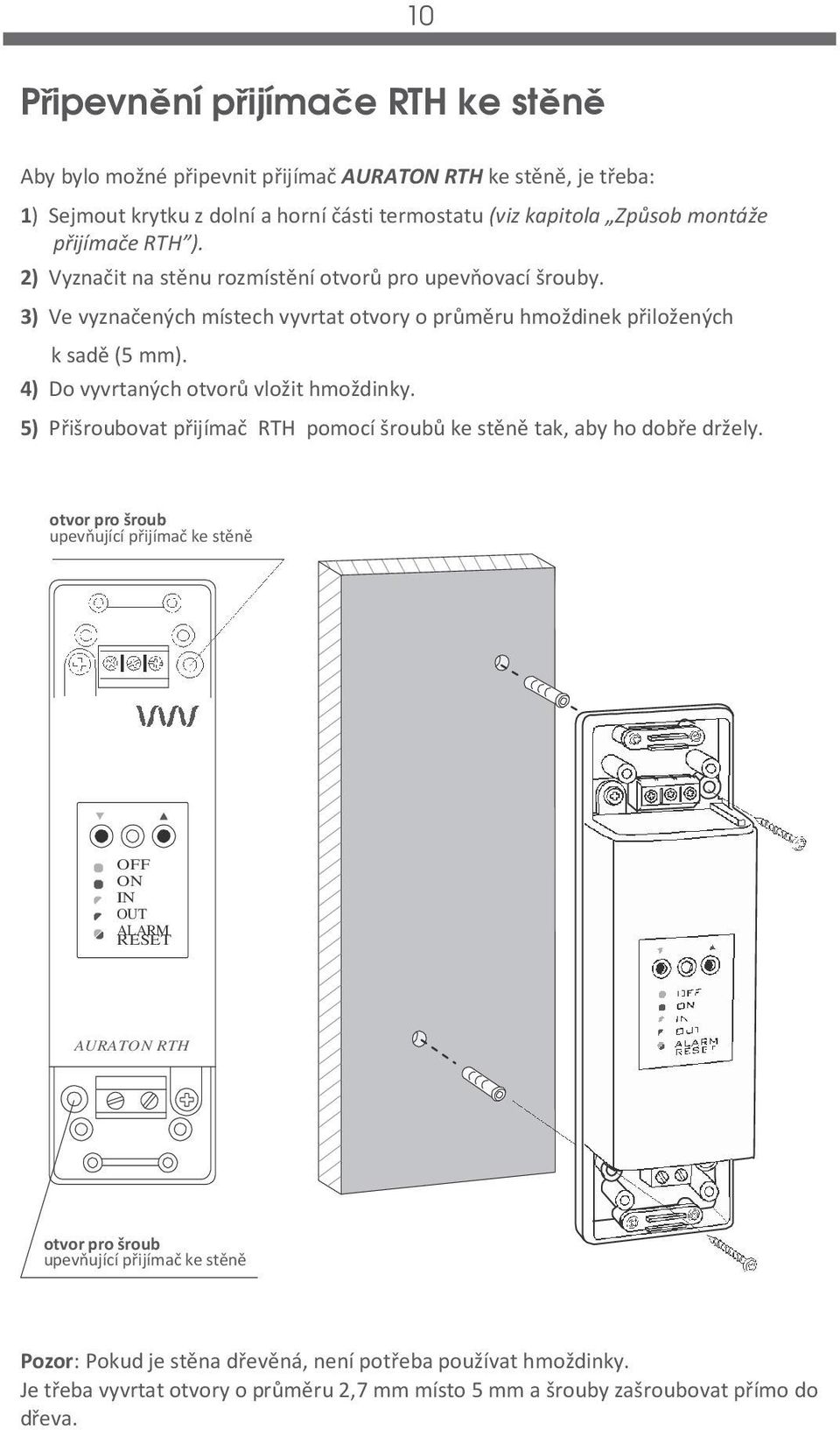 4) Do vyvrtaných otvorů vložit hmoždinky. 5) Přišroubovat přijímač RTH pomocí šroubů ke stěně tak, aby ho dobře držely.