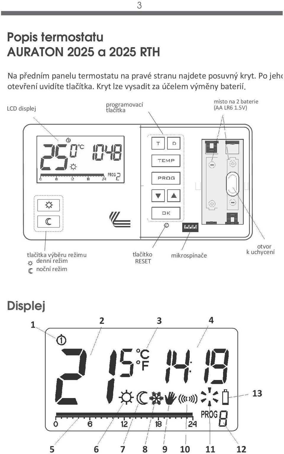 LCD displej programovací tlačítka místo na 2 baterie (AA LR6 1.