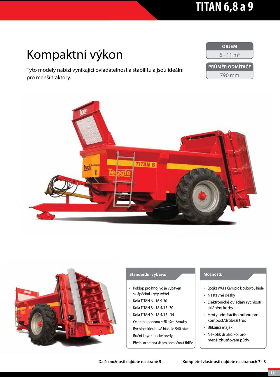 4/15-34 Ochrana pohonu střižnými šrouby Rychlost kloubové hřídele 540 ot/m Ruční i hydraulické brzdy Přední ochranná síť pro bezpečnost řidiče Spojka WAJ a Cam pro kloubovou hřídel