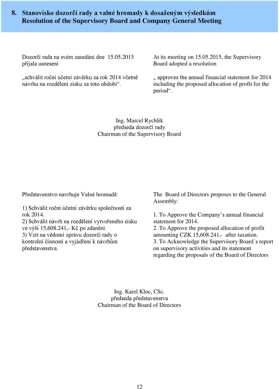 2015, the Supervisory Board adopted a resolution approves the annual financial statement for 2014 including the proposed allocation of profit for the period. Ing.