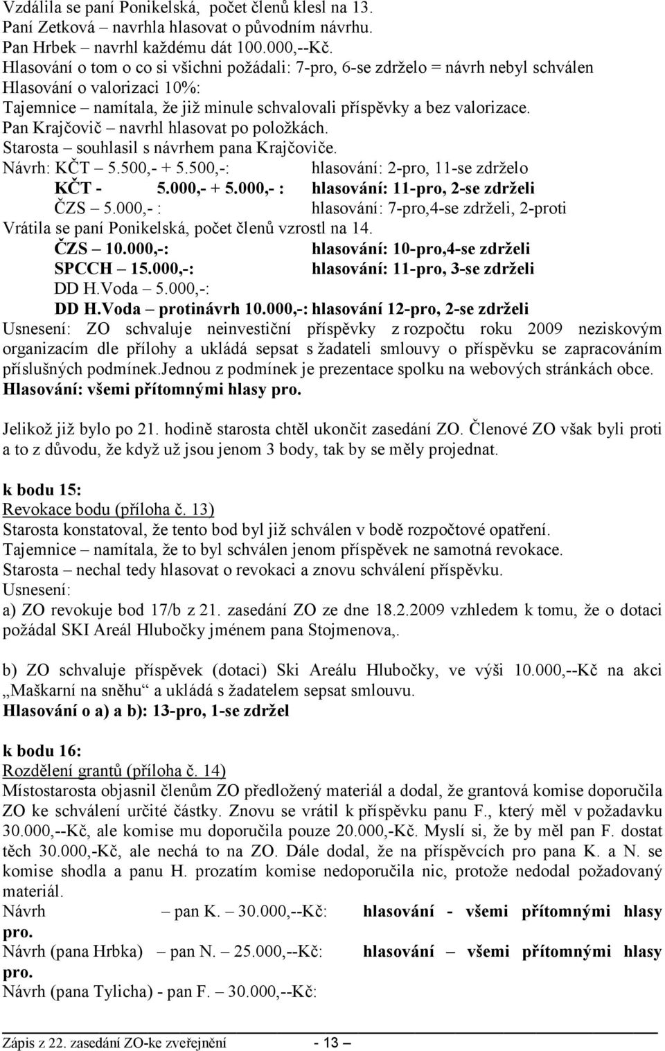 Pan Krajčovič navrhl hlasovat po položkách. Starosta souhlasil s návrhem pana Krajčoviče. Návrh: KČT 5.500,- + 5.500,-: hlasování: 2-pro, 11-se zdrželo KČT - 5.000,- + 5.