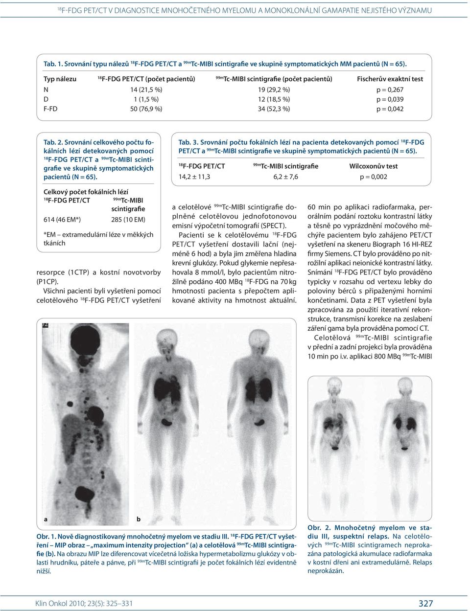 0,042 T. 2. Srovnání celkového počtu fokálních lézí detekovných pomocí F-FDG PET/CT Tc-MIBI scintigrfie ve skupině symptomtických pcientů (N = 65). T. 3.