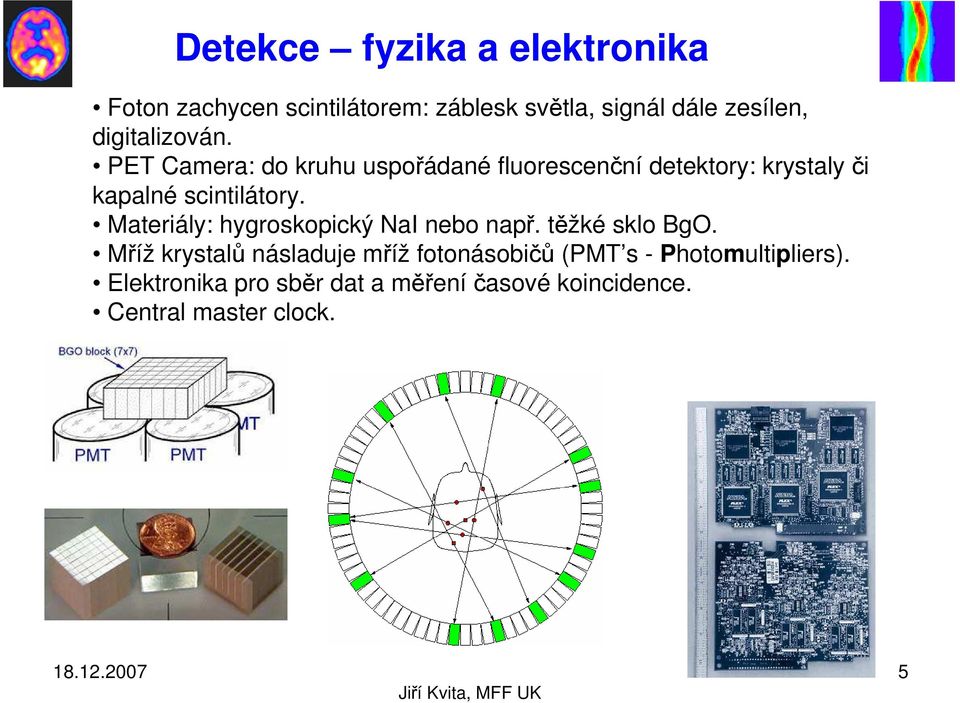 Materiály: hygroskopický NaI nebo např. těžké sklo BgO.