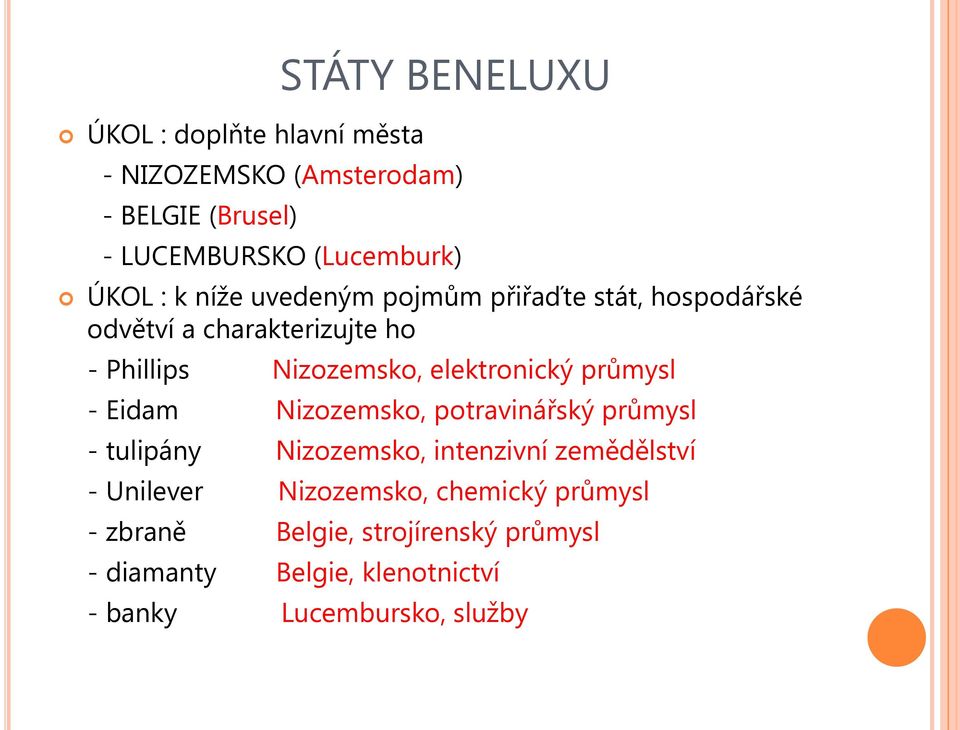 elektronický průmysl - Eidam Nizozemsko, potravinářský průmysl - tulipány Nizozemsko, intenzivní zemědělství -