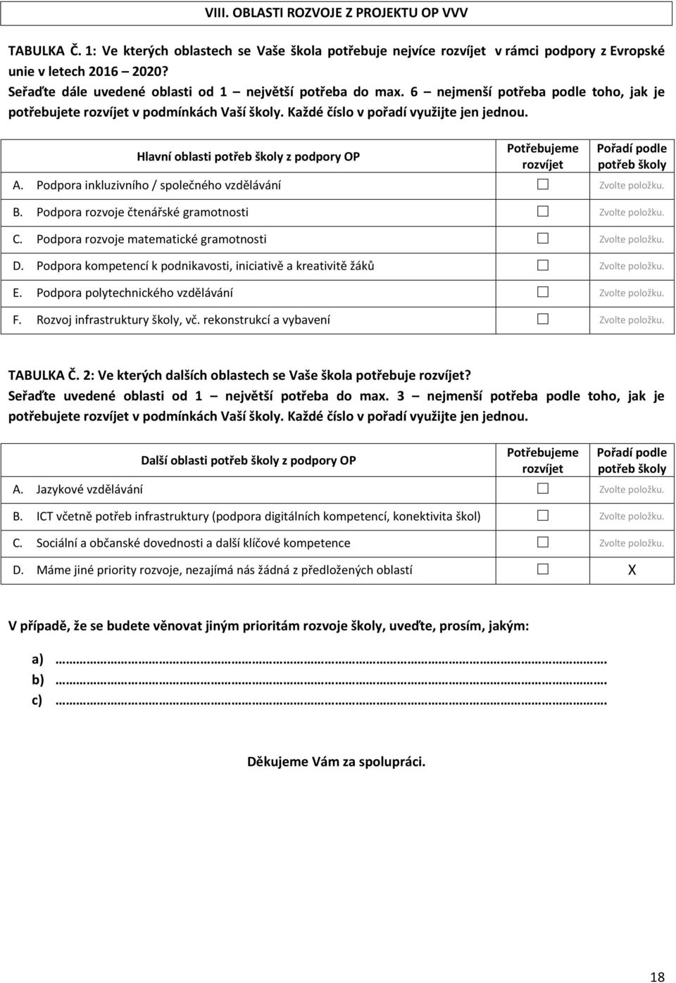 Hlavní oblasti potřeb školy z podpory OP Potřebujeme rozvíjet Pořadí podle potřeb školy A. Podpora inkluzivního / společného vzdělávání B. Podpora rozvoje čtenářské gramotnosti C.