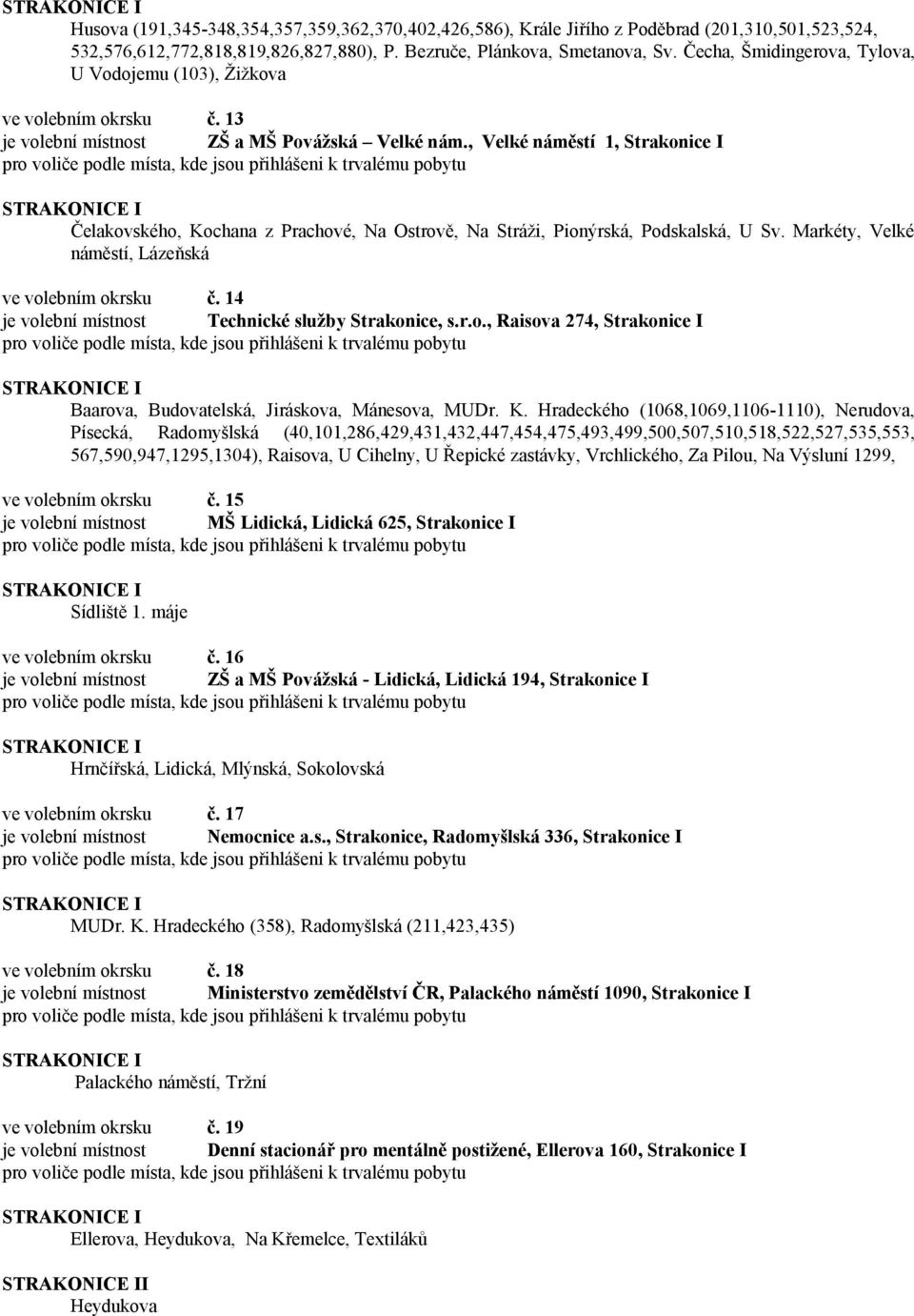 , Velké náměstí 1, Strakonice I Čelakovského, Kochana z Prachové, Na Ostrově, Na Stráži, Pionýrská, Podskalská, U Sv. Markéty, Velké náměstí, Lázeňská ve volebním okrsku č.