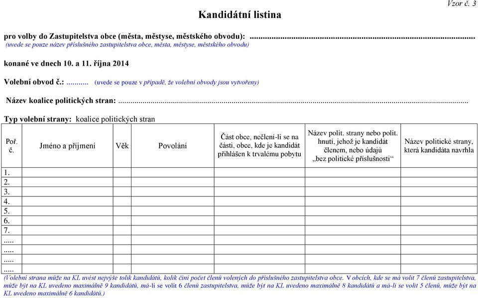 (uvede se pouze v případě, že volební obvody jsou vytvořeny) Název koalice politických stran:... Typ volební strany: koalice politických stran Poř. č.