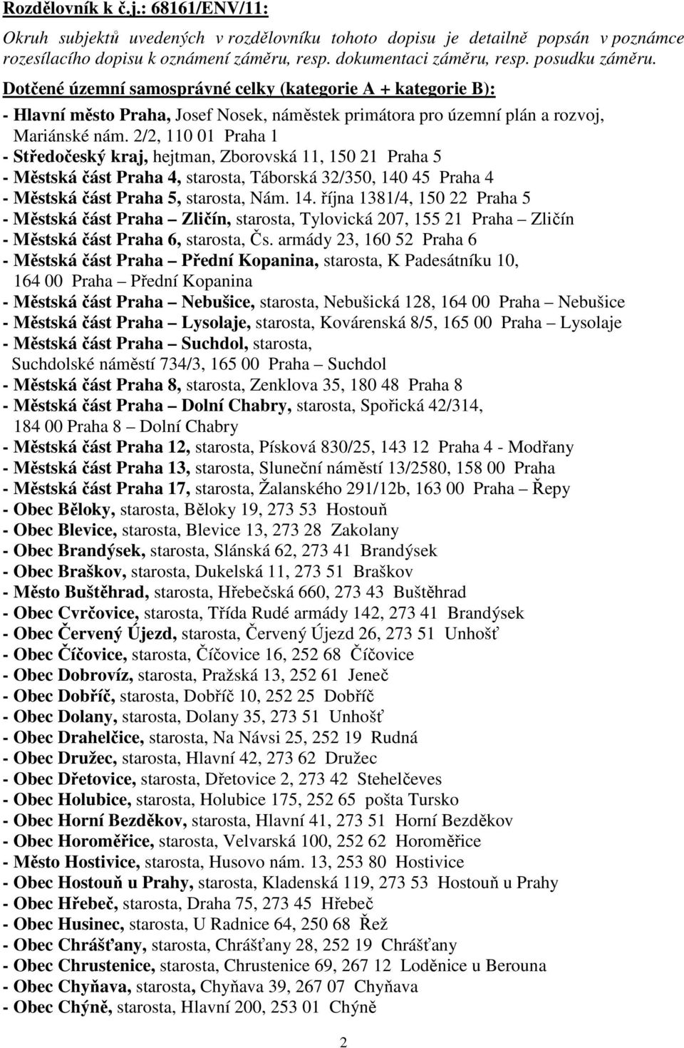 2/2, 110 01 Praha 1 - Středočeský kraj, hejtman, Zborovská 11, 150 21 Praha 5 - Městská část Praha 4, starosta, Táborská 32/350, 140