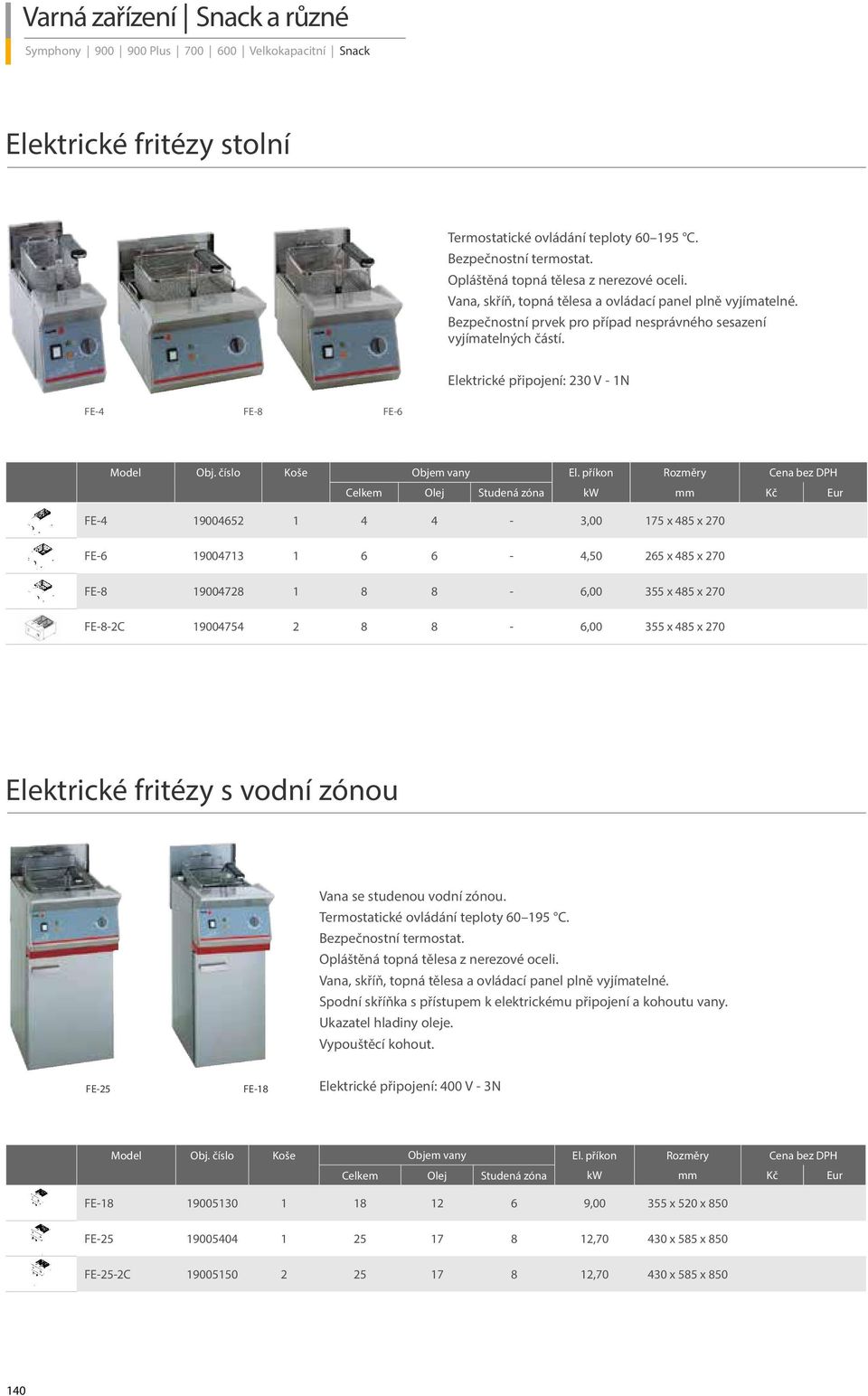 Elektrické připojení: 230 V - 1N FE-4 FE-8 FE-6 Model Obj. číslo Koše Objem vany El.