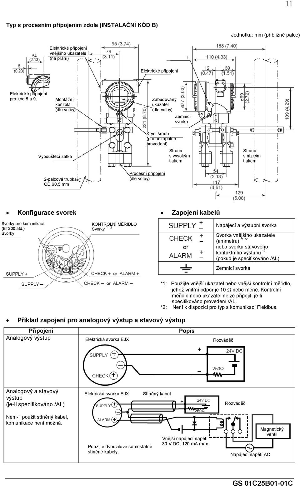 60,5 mm Procesní připojení (dle volby) Konfigurace svorek Zapojení kabelů Svorky pro komunikaci (BT200 atd.