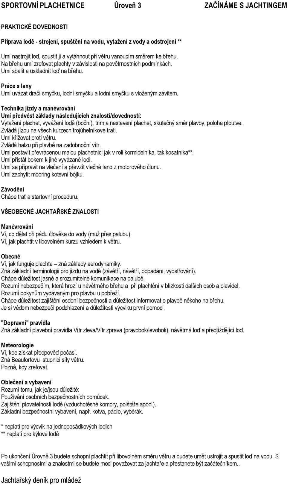 Umí předvést základy následujících znalostí/dovedností: Vytažení plachet, vyvážení lodě (boční), trim a nastavení plachet, skutečný směr plavby, poloha ploutve.