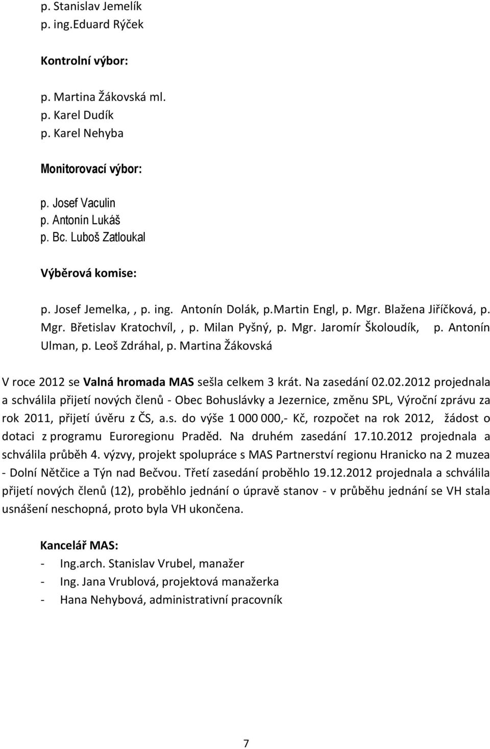 Antonín Ulman, p. Leoš Zdráhal, p. Martina Žákovská V roce 2012 se Valná hromada MAS sešla celkem 3 krát. Na zasedání 02.