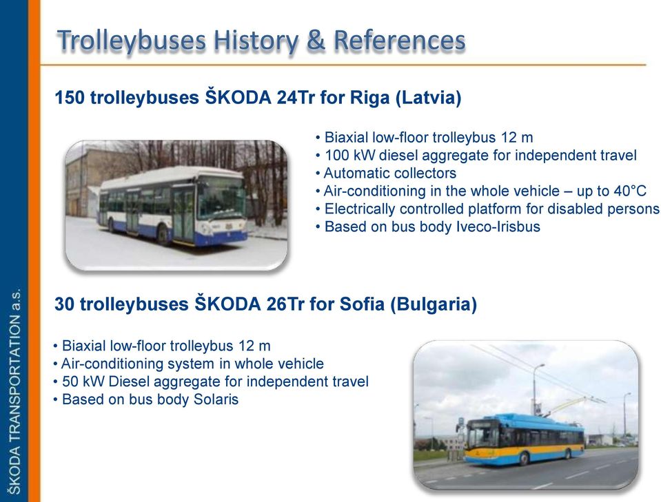 platform for disabled persons Based on bus body Iveco-Irisbus 30 trolleybuses ŠKODA 26Tr for Sofia (Bulgaria) Biaxial low-floor