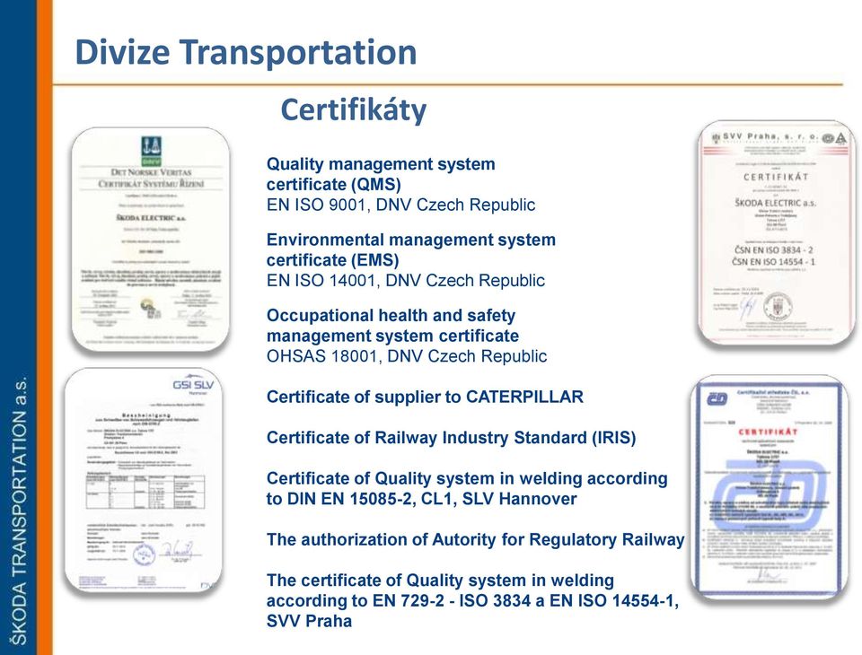 supplier to CATERPILLAR Certificate of Railway Industry Standard (IRIS) Certificate of Quality system in welding according to DIN EN 15085-2, CL1, SLV