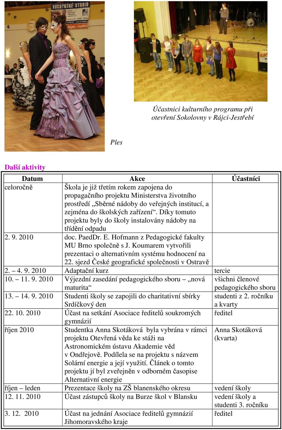 Hofmann z Pedagogické fakulty MU Brno společně s J. Koumarem vytvořili prezentaci o alternativním systému hodnocení na 22. sjezd České geografické společnosti v Ostravě 2. 4. 9.