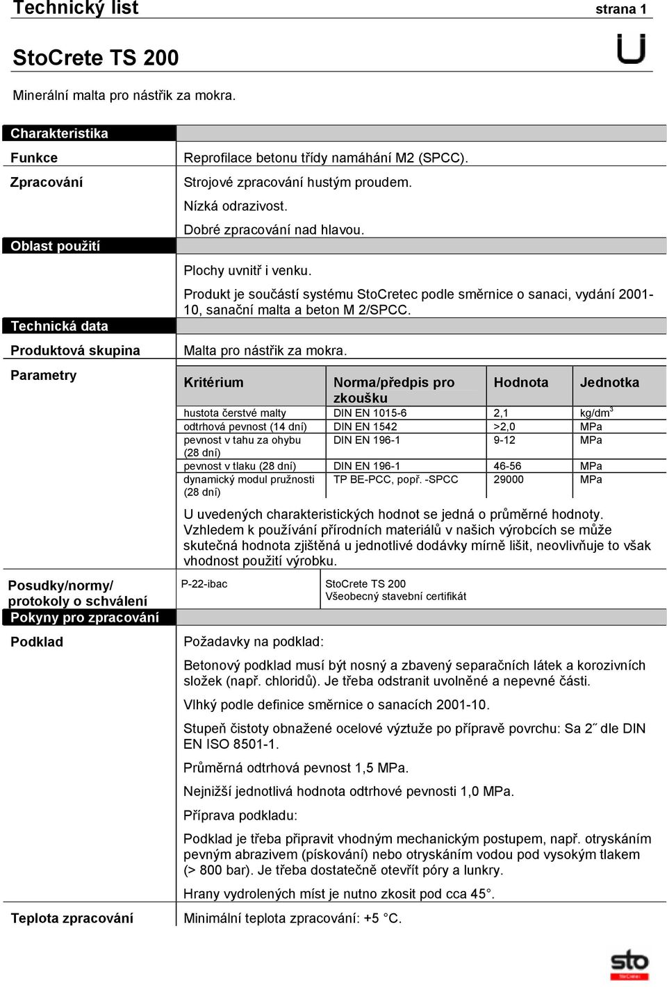 Produkt je součástí systému StoCretec podle směrnice o sanaci, vydání 2001-10, sanační malta a beton M 2/SPCC. Malta pro nástřik za mokra.