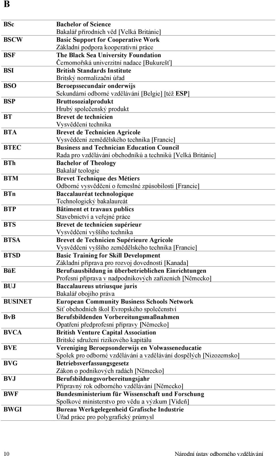 Beroepssecundair onderwijs Sekundární odborné vzdělávání [Belgie] [též ESP] Bruttosozialprodukt Hrubý společenský produkt Brevet de technicien Vysvědčení technika Brevet de Technicien Agricole