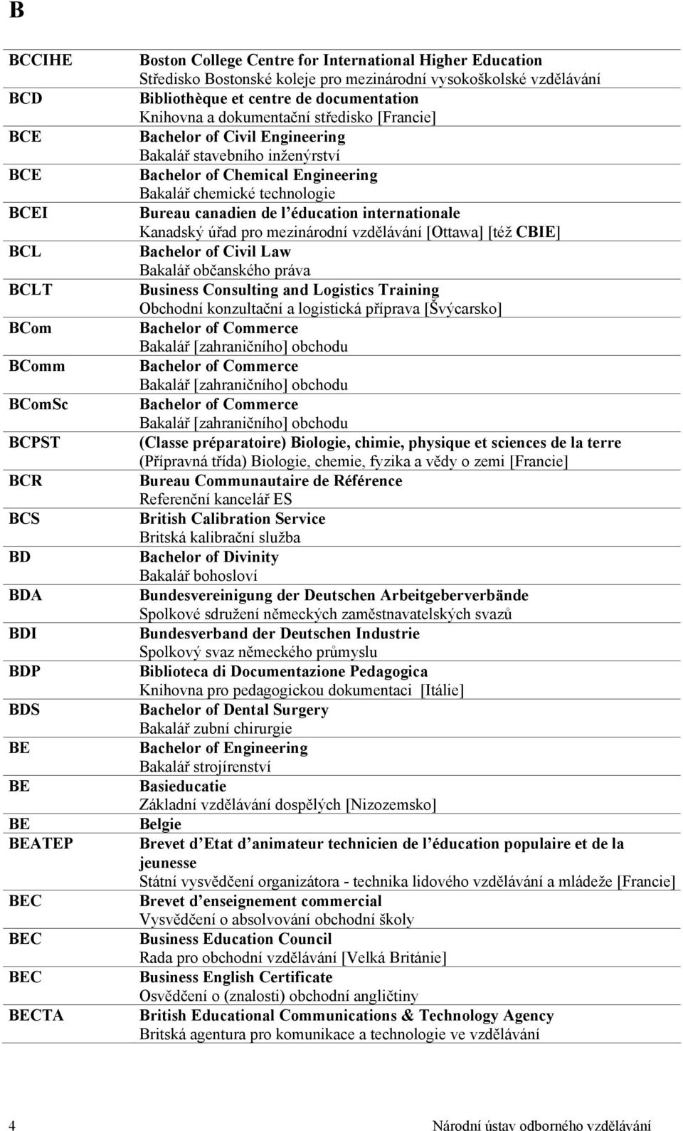 Bachelor of Chemical Engineering Bakalář chemické technologie Bureau canadien de l éducation internationale Kanadský úřad pro mezinárodní vzdělávání [Ottawa] [též CBIE] Bachelor of Civil Law Bakalář