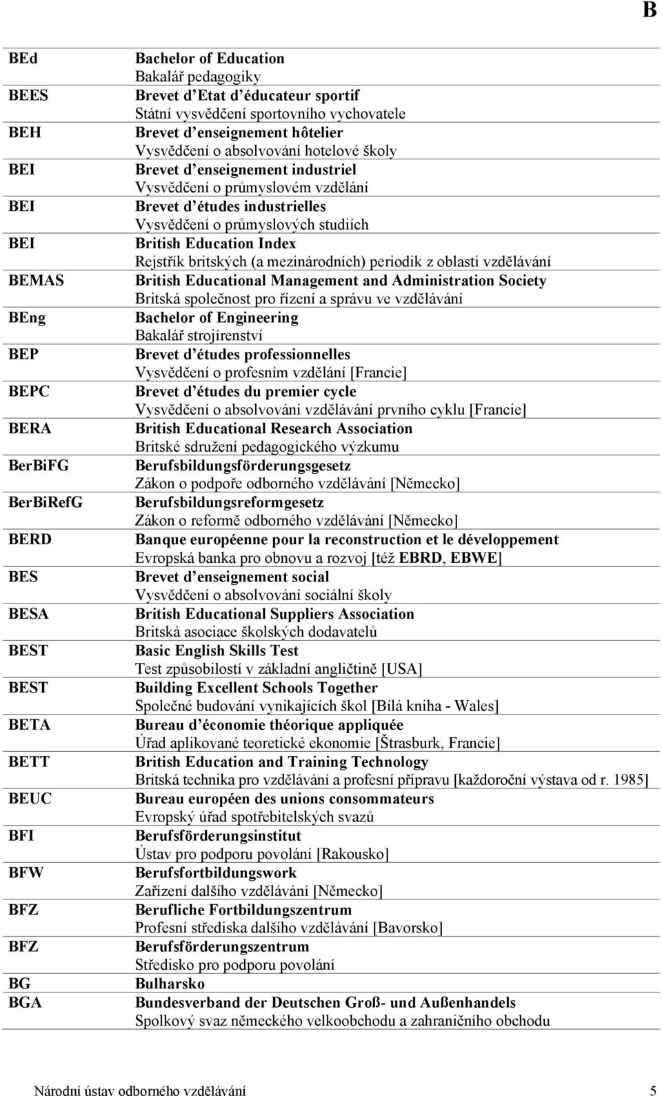 études industrielles Vysvědčení o průmyslových studiích British Education Index Rejstřík britských (a mezinárodních) periodik z oblasti vzdělávání British Educational Management and Administration