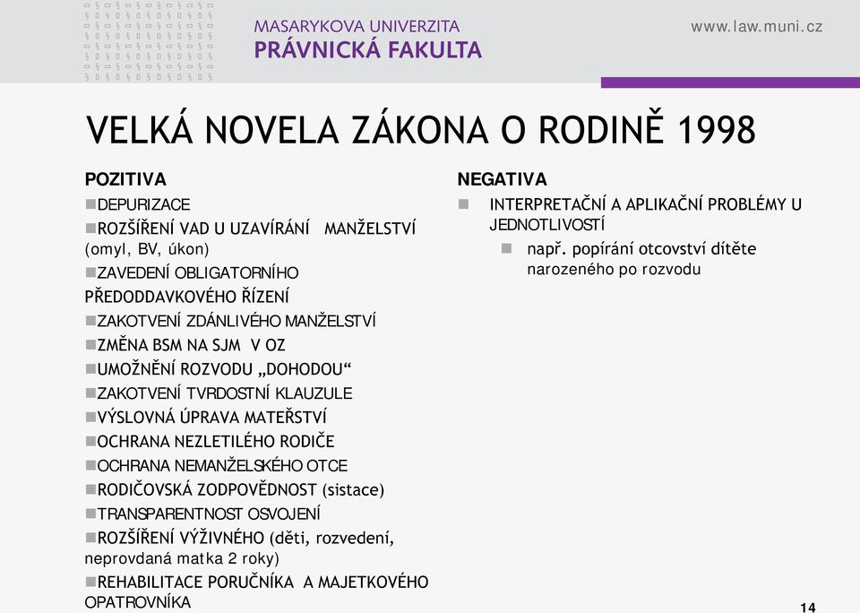 RODIČE OCHRANA NEMANŽELSKÉHO OTCE RODIČOVSKÁ ZODPOVĚDNOST (sistace) TRANSPARENTNOST OSVOJENÍ ROZŠÍŘENÍ VÝŽIVNÉHO (děti, rozvedení, neprovdaná matka 2 roky)