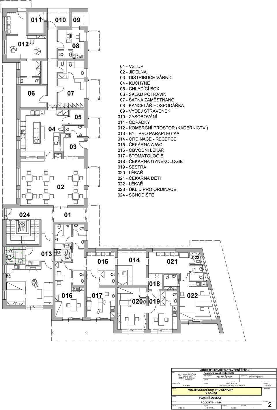 PARAPLEGIKA 014 - ORDINACE - RECEPCE 015 - ČEKÁRNA A WC 016 - OBVODNÍ LÉKAŘ 017 - STOMATOLOGIE 018 - ČEKÁRNA GYNEKOLOGIE 019 - SESTRA 020 - LÉKAŘ