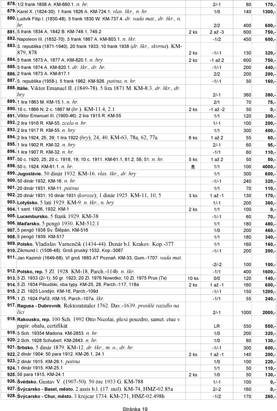 republika (1871-1940). 20 frank 1933; 10 frank 1938 (dr. škr., skvrna). KM- 879, 878 2 ks -1/-1 130 320,- 884. 5 frank 1873 A, 1877 A. KM-820.1. n. hry 2 ks -1 až 2 600 750,- 885. 5 frank 1874 A.