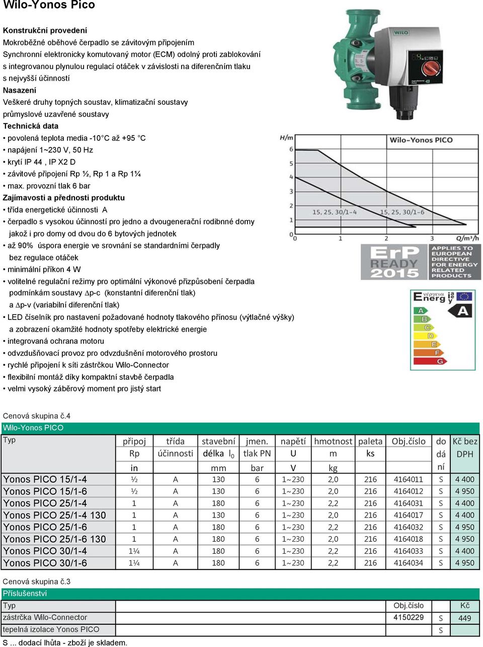 +95 C napájení 1~230 V, 50 Hz krytí IP 44, IP X2 D závitové připojení Rp ½, Rp 1 a Rp 1¼ max.