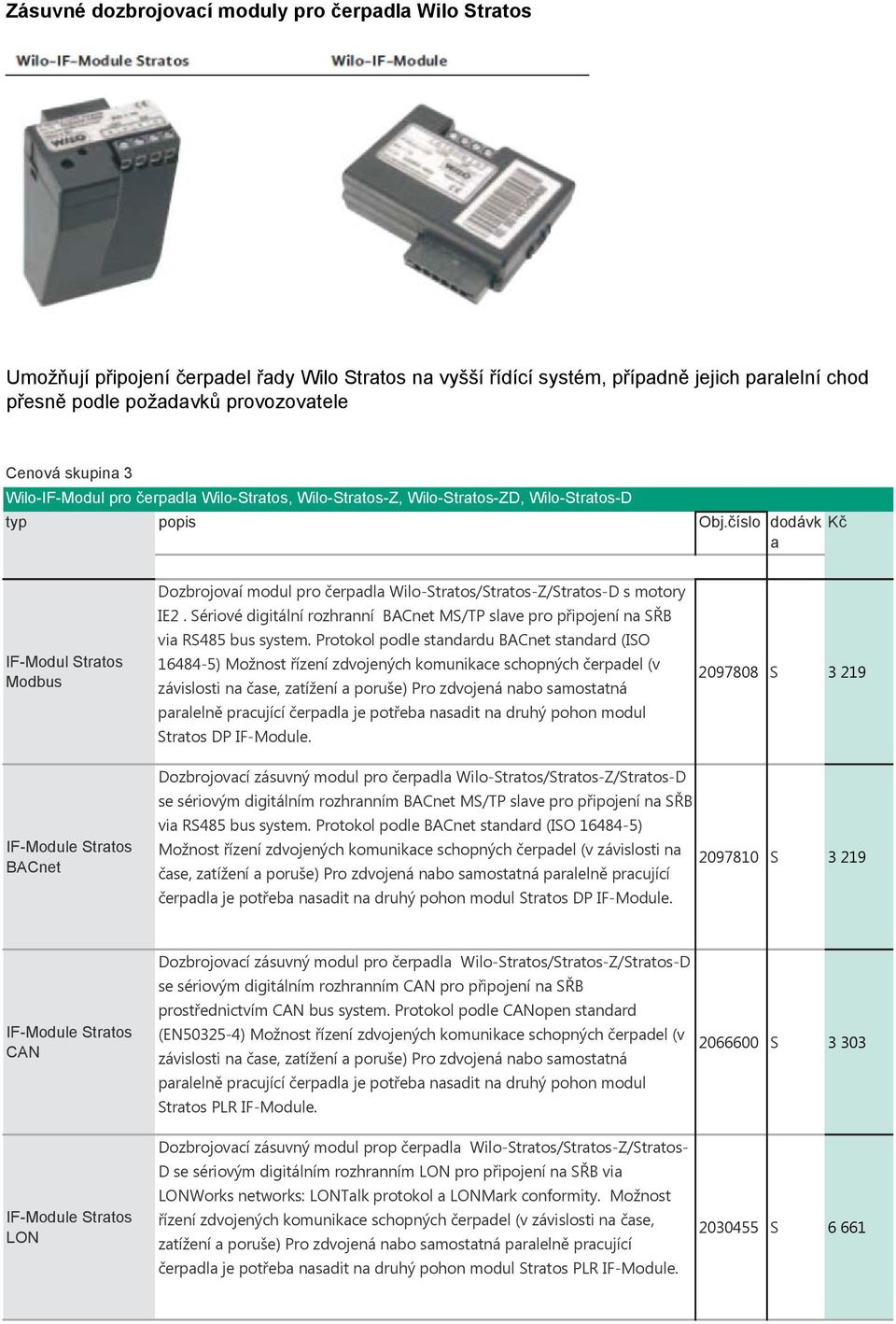 číslo dodávk a Kč IF-Modul Stratos Modbus Dozbrojovaí modul pro čerpadla Wilo-Stratos/Stratos-Z/Stratos-D s motory IE2.