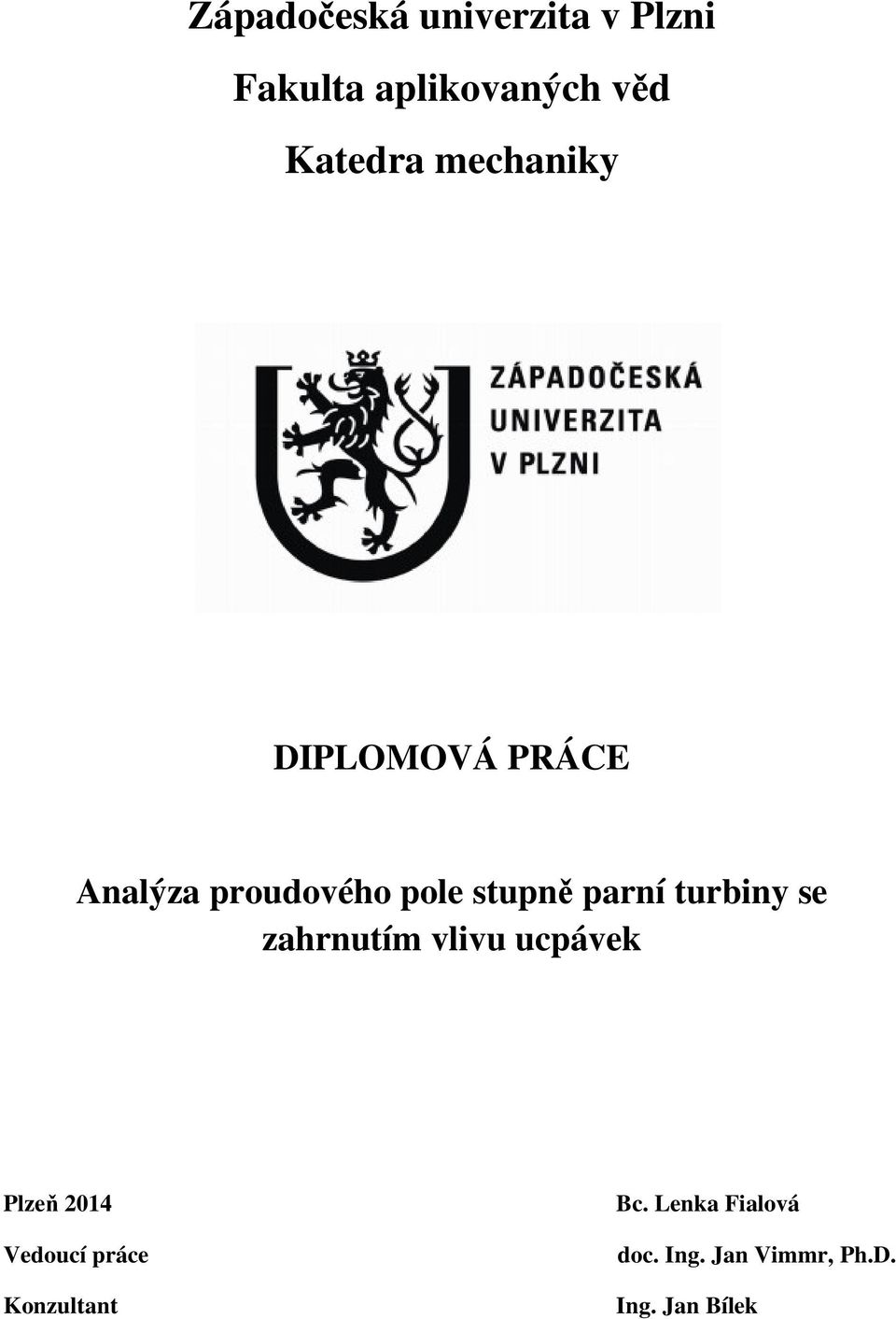 turbiny se zahrnutím vlivu ucpávek Plzeň 2014 Vedoucí práce