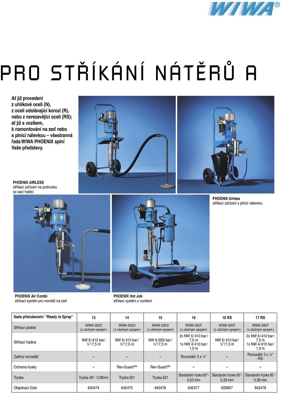 PHOENIX AIRLESS stříkací zařízení na podvozku se sací hadicí PHOENIX Airless stříkací zařízení s plnící nálevkou PHOENIX Air Combi stříkací systém pro montáž na zeď PHOENIX Hot Job stříkací systém s