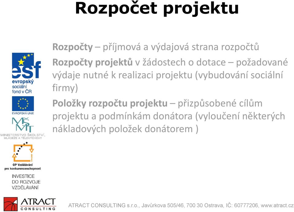 (vybudování sociální firmy) Položky rozpočtu projektu přizpůsobené cílům