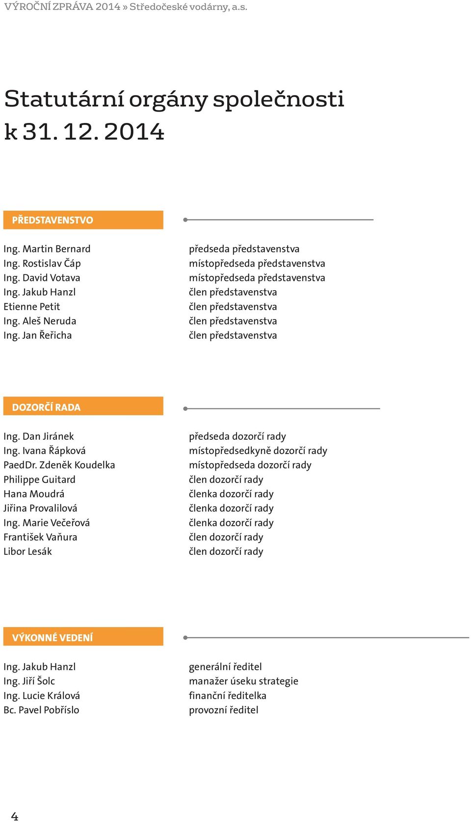 Jan Řeřicha předseda představenstva místopředseda představenstva místopředseda představenstva člen představenstva člen představenstva člen představenstva člen představenstva DOZORČÍ RADA Ing.