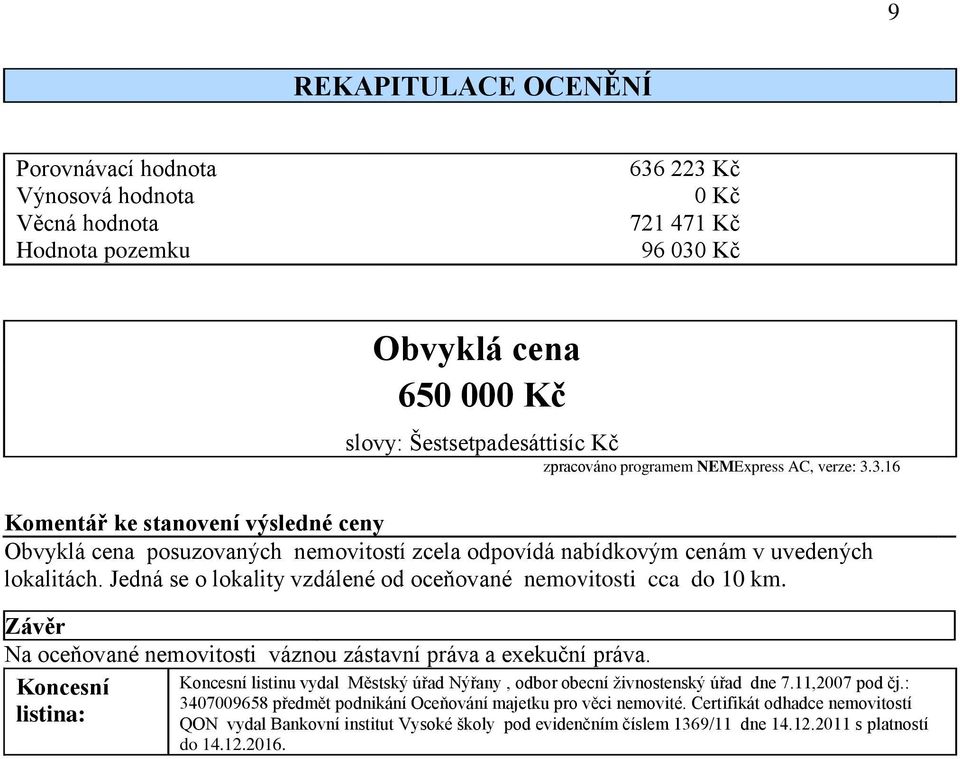 Jedná se o lokality vzdálené od oceňované nemovitosti cca do 10 km. Závěr Na oceňované nemovitosti váznou zástavní práva a exekuční práva.