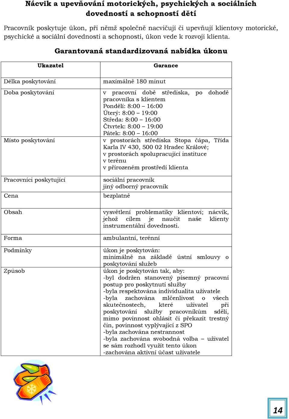 Garantovaná standardizovaná nabídka úkonu Ukazatel Délka poskytování Doba poskytování Místo poskytování Pracovníci poskytující Cena Obsah Forma Podmínky Způsob maximálně 180 minut Garance v pracovní