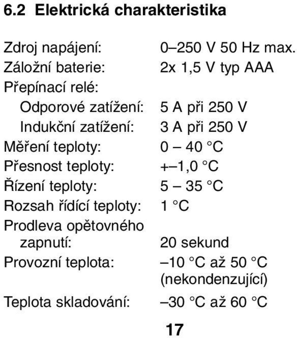 zatíïení: 3 A pfii 250 V Mûfiení teploty: 0 40 C Pfiesnost teploty: + 1,0 C ízení teploty: 5 35 C