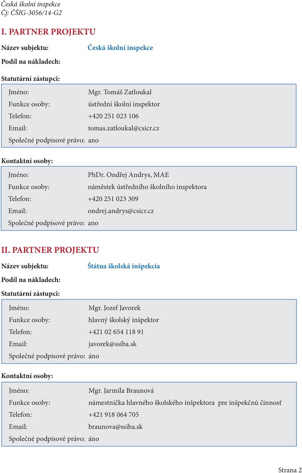 PARTNER PROJEKTU Název subjektu: Štátna školská inšpekcia Podíl na nákladech: Statutární zástupci: Mgr.