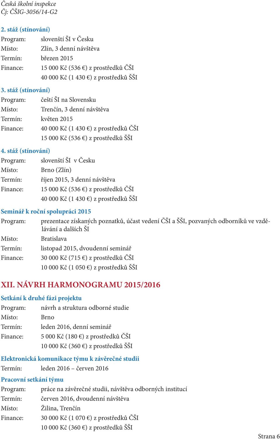 stáž (stínování) Program: slovenští ŠI v Česku Místo: Brno (Zlín) Termín: říjen 2015, 3 denní návštěva Finance: 15 000 Kč (536 ) z prostředků ČŠI 40 000 Kč (1 430 ) z prostředků ŠŠI Seminář k roční