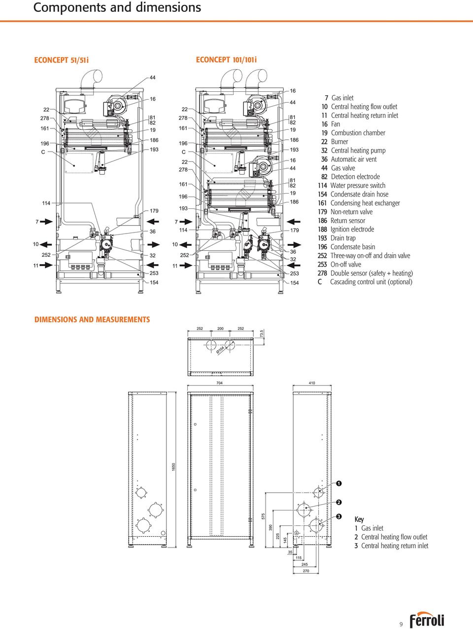 exchanger 179 Non-return valve 186 Return sensor 188 Ignition electrode 193 Drain trap 196 Condensate basin 252 Three-way on-off and drain valve 253 On-off valve 278