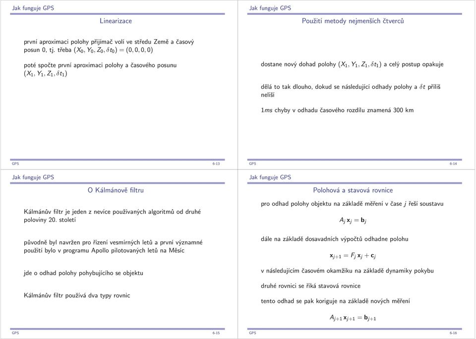 dělátotakdlouho,dokudsenásledujícíodhadypolohyaδtpříliš neliší 1ms chyby v odhadu časového rozdílu znamená 300 km GPS 6-13 GPS 6-14 O Kálmánově filtru Kálmánův filtr je jeden z nevíce používaných