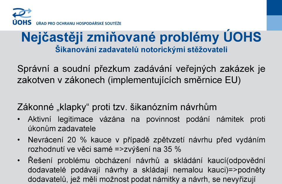 šikanózním návrhům Aktivní legitimace vázána na povinnost podání námitek proti úkonům zadavatele Nevrácení 20 % kauce v případě zpětvzetí návrhu před