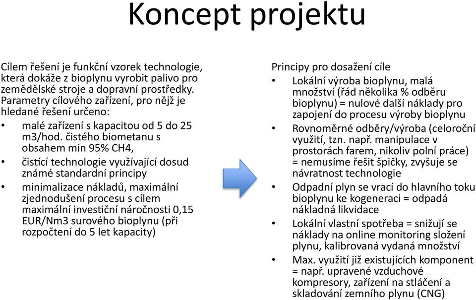 c istého biometanu s obsahem min 95% CH4, c isti cí technologie vyuz ívající dosud známe standardní principy minimalizace nákladu, maximální zjednodušení procesu s cílem maximální investic ní nároc