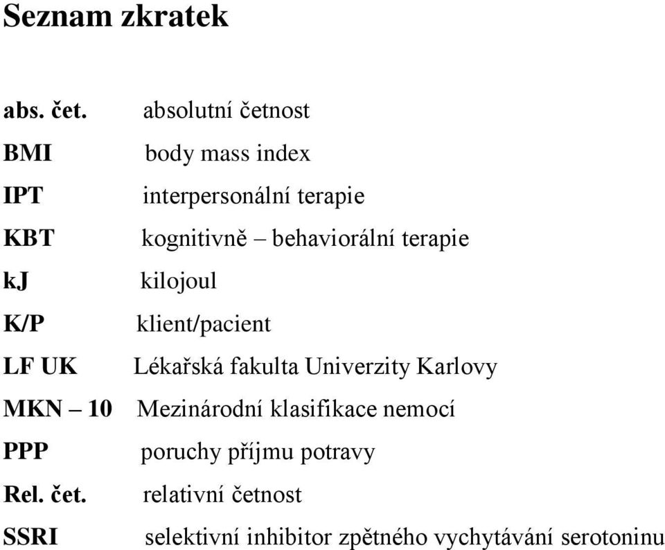 behaviorální terapie kj kilojoul K/P klient/pacient LF UK Lékařská fakulta Univerzity