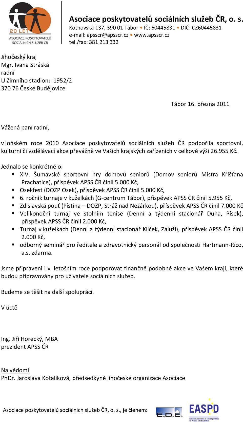 ročník turnaje v kuželkách (G centrum Tábor), příspěvek APSS ČR činil 5.955 Kč, Zdislavská pouť (Pístina DOZP, Stráž nad Nežárkou), příspěvek APSS ČR činil 7.