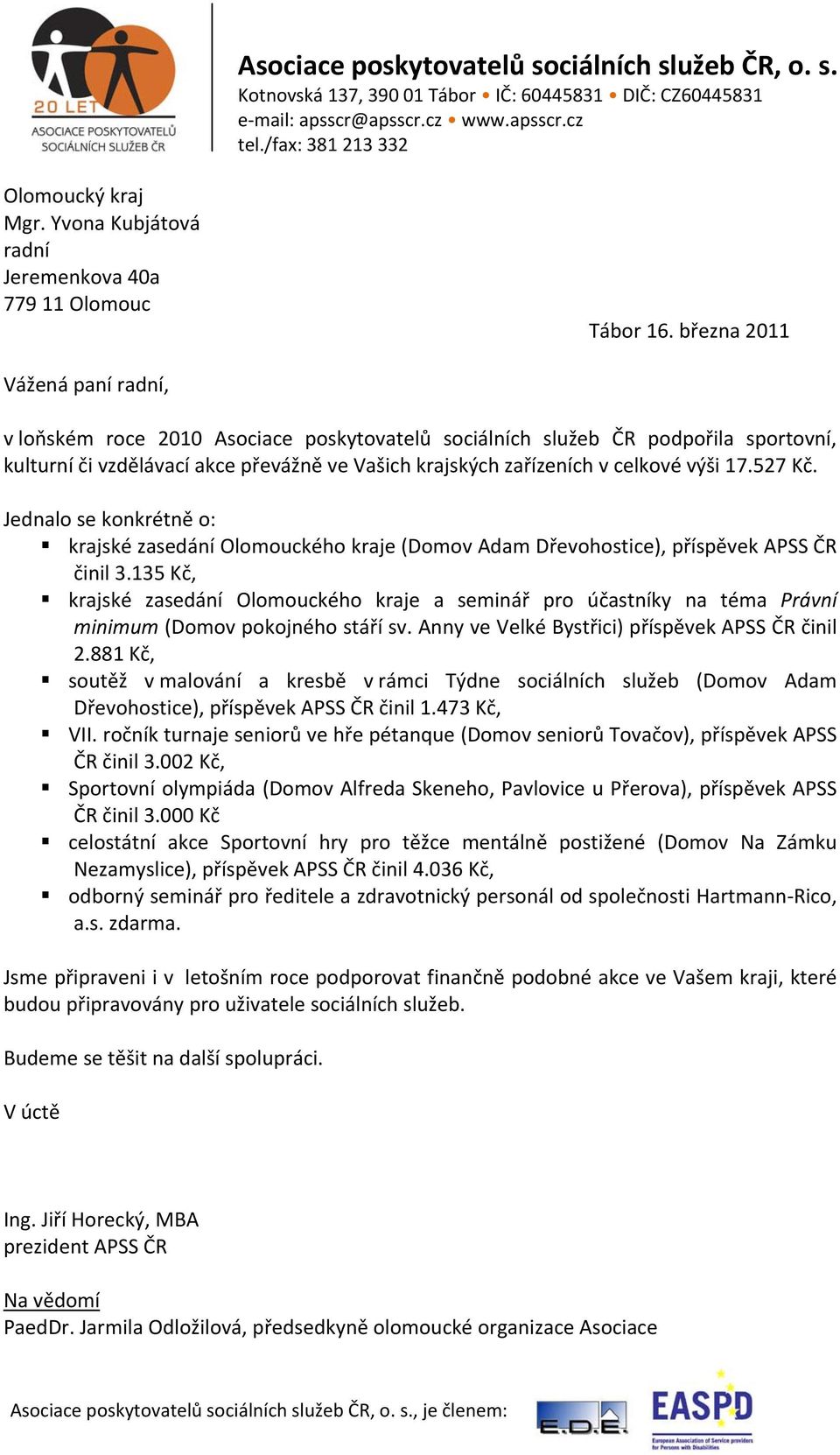 135 Kč, krajské zasedání Olomouckého kraje a seminář pro účastníky na téma Právní minimum (Domov pokojného stáří sv. Anny ve Velké Bystřici) příspěvek APSS ČR činil 2.