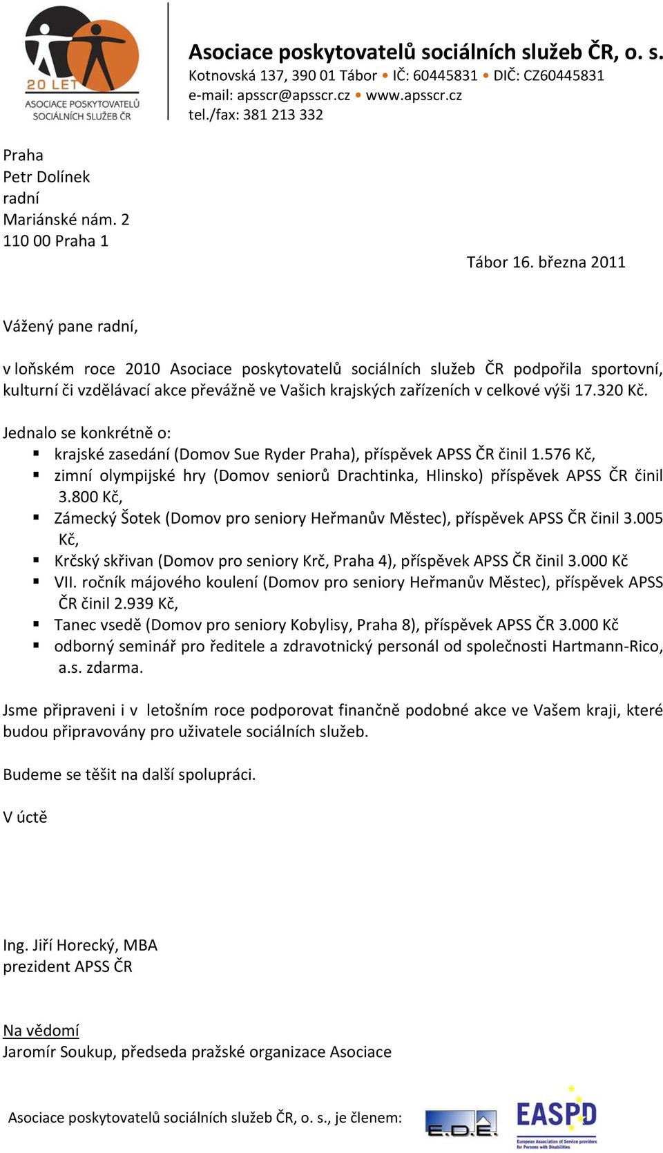 800 Kč, Zámecký Šotek (Domov pro seniory Heřmanův Městec), příspěvek APSS ČR činil 3.005 Kč, Krčský skřivan (Domov pro seniory Krč, Praha 4), příspěvek APSS ČR činil 3.000 Kč VII.